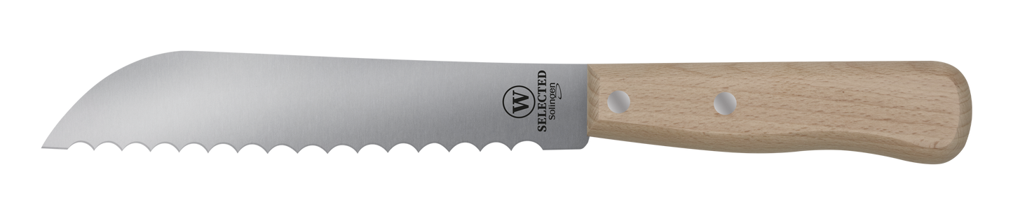 W-SELECTED kool- groente- hollands brood-mes carbonstalen lemmet 10.5cm met 6mm golf en beukenhouten heft