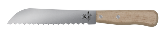 W-SELECTED kool- groente- hollands brood-mes carbonstalen lemmet 10.5cm met 6mm golf en beukenhouten heft