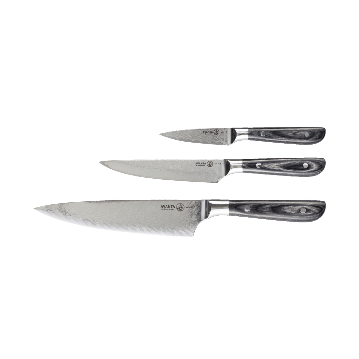 MESSERMEISTER serie AVANTA DAMASCUS 3 - delig VG-10 lemmet zwart grijs pakkawood heft