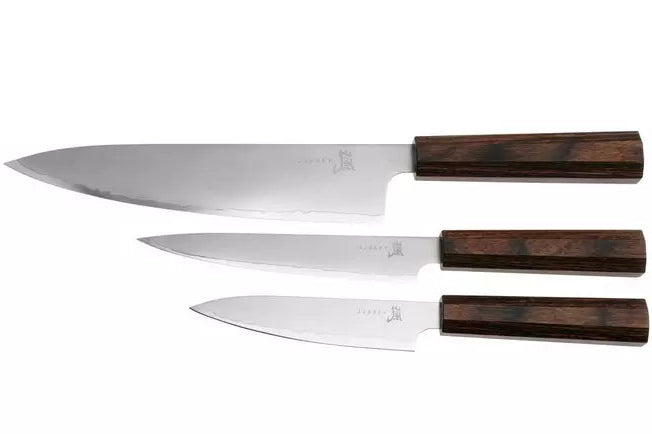 YAXELL serie HANA 3 delige damast messenset met bruin pakkawood achthoekig heft