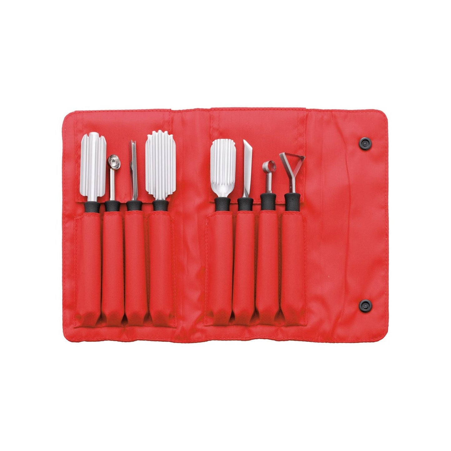 TRIANGLE RVS pompoen - groente - fruit kerfmesjes en decoreermesjes 8-delige set in roletui