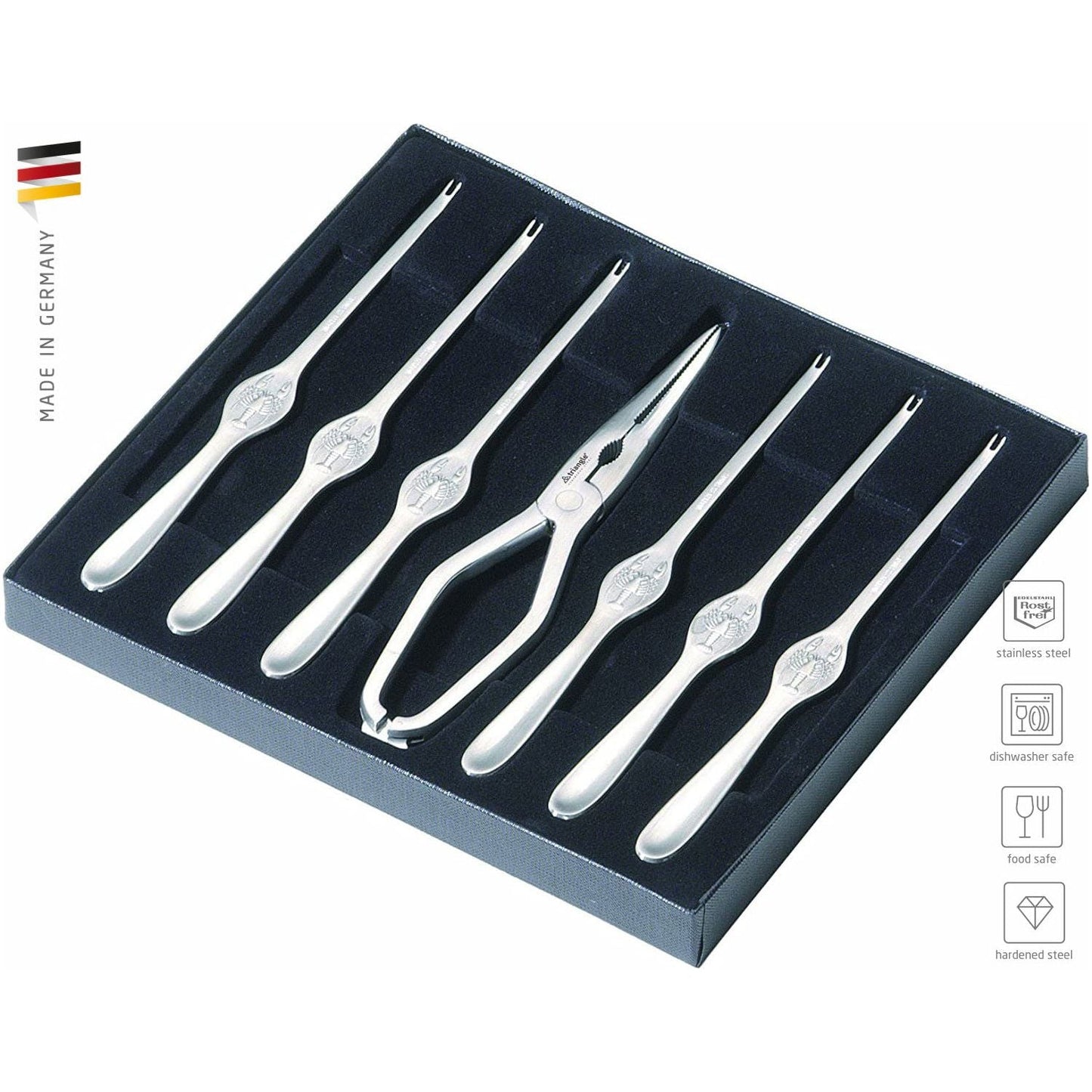 Kreeftenset 7-delig, kreeftenschaar en 6 vorkjes in doos