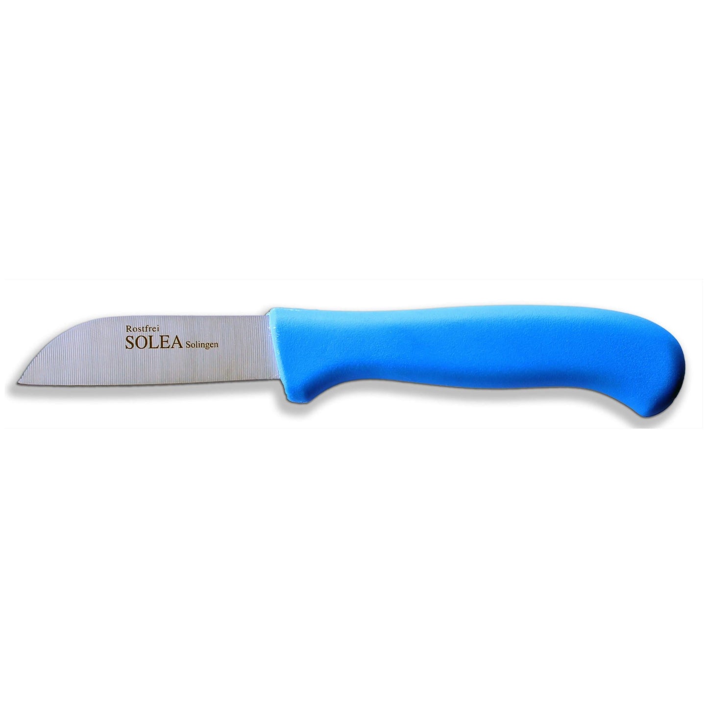 W-SELECTED uit Solingen het Solea Groentemes/oogstmes RVS van 8.5 cm met blauw softgrip heft