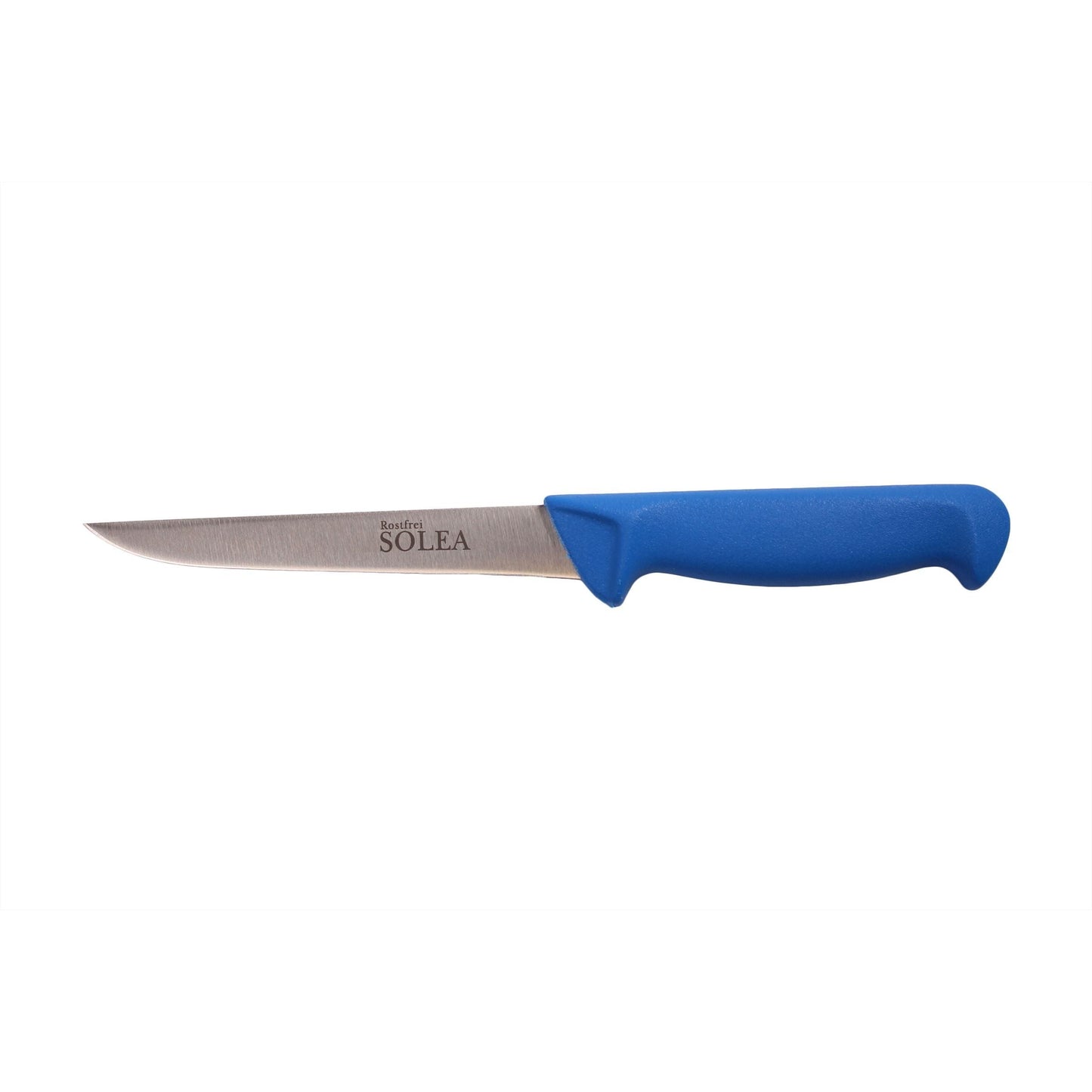 SOLEA roestvrijstalen slagers- uitbeenmes met stevig, slank lemmet lengte 15,5cm en blauw PPN kunststof anti slip heft