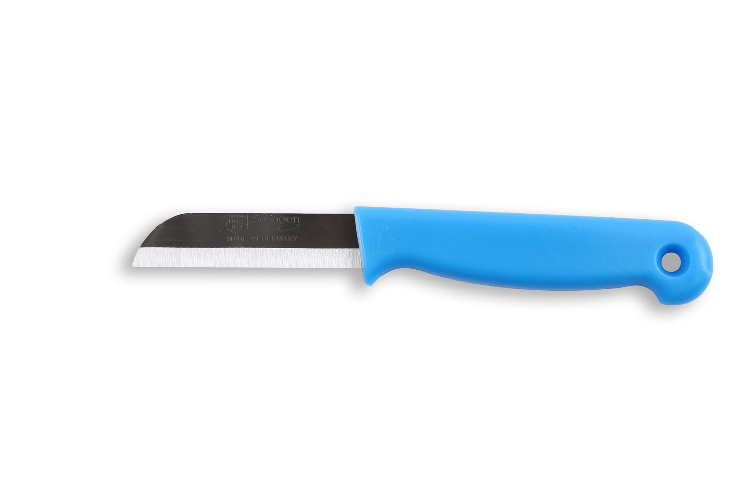 W-SELECTED uit SOLINGEN Aardappelmesje blauw met gat RVS 6 cm op kaart 12 stuks