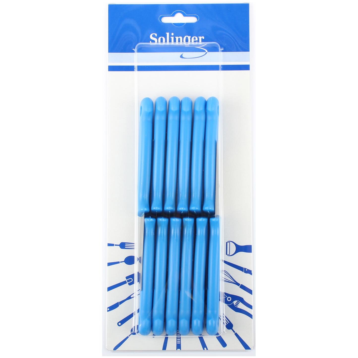 W-SELECTED uit SOLINGEN Aardappelmesje blauw met gat RVS 6 cm op kaart 12 stuks