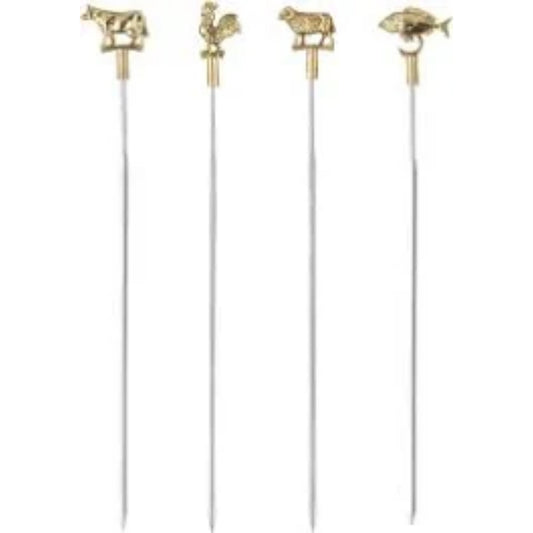 TRIANGLE fraaie spies 32cm met messing kip - vis - rund - schaap voor grill -bbq 4 stuks