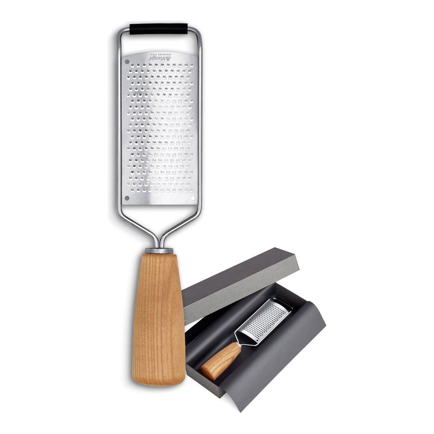 TRIANGLE serie SOUL roestvrijstalen kaas- parmezaan- chocolade- nootmuskaat- rasp met FSC kersenhouten heft