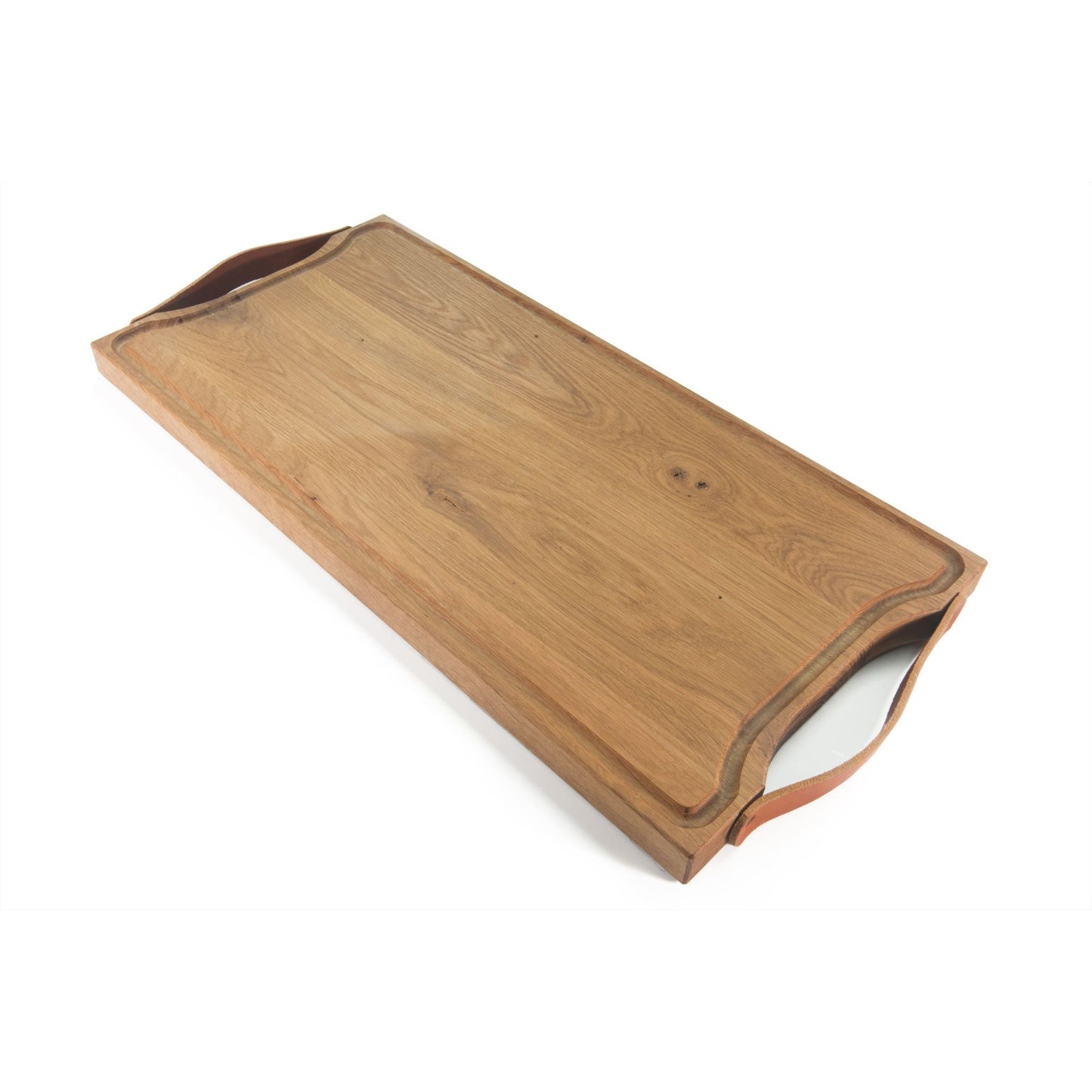 TWENTS FSC eikenhouten BBQ- tafel- keuken- snijplank met gleuf maat 70x30x3cm lederen handvatten Food Safe gecertificeerd