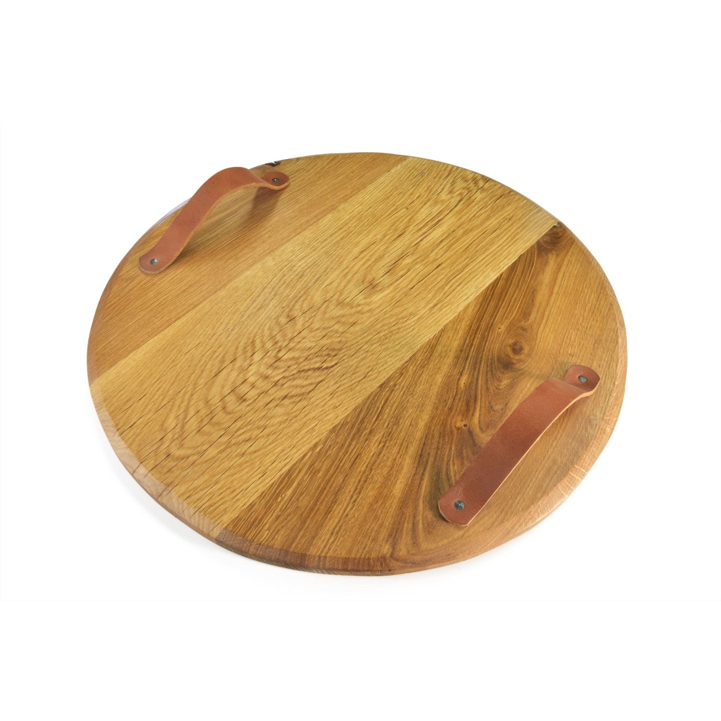 TWENTS FSC eikenhouten tapas- BBQ- serveer- snijplank Rond Ø 55 dikte 2cm met lederen handvatten Food Safe gecertificeerd
