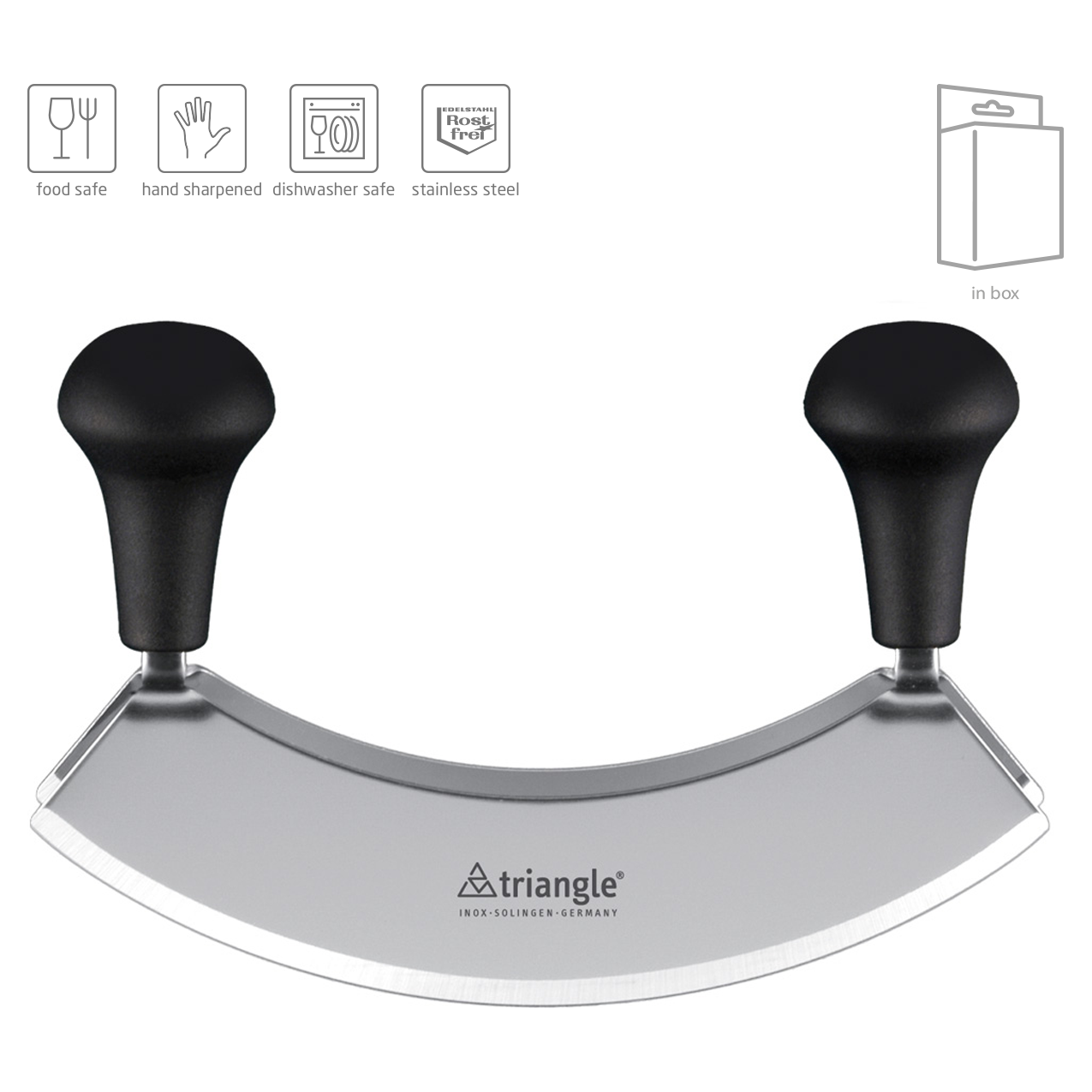 TRIANGLE roestvrijstalen professionele Wiegemes - dubbel lemmet 18cm - noten - kruiden - zwart heft