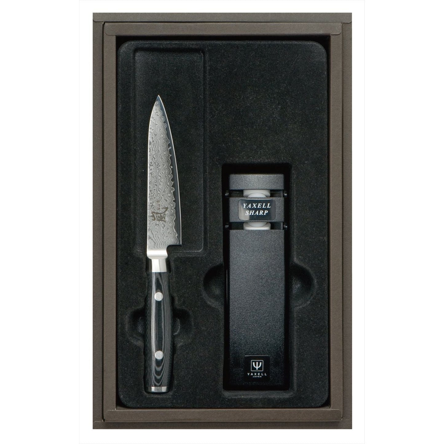 YAXELL RAN 36408 Kadoset - Universeelmes 12cm van 69 laags roestvrij VG-10 damaststaal met canvas-micarta heft en slijper
