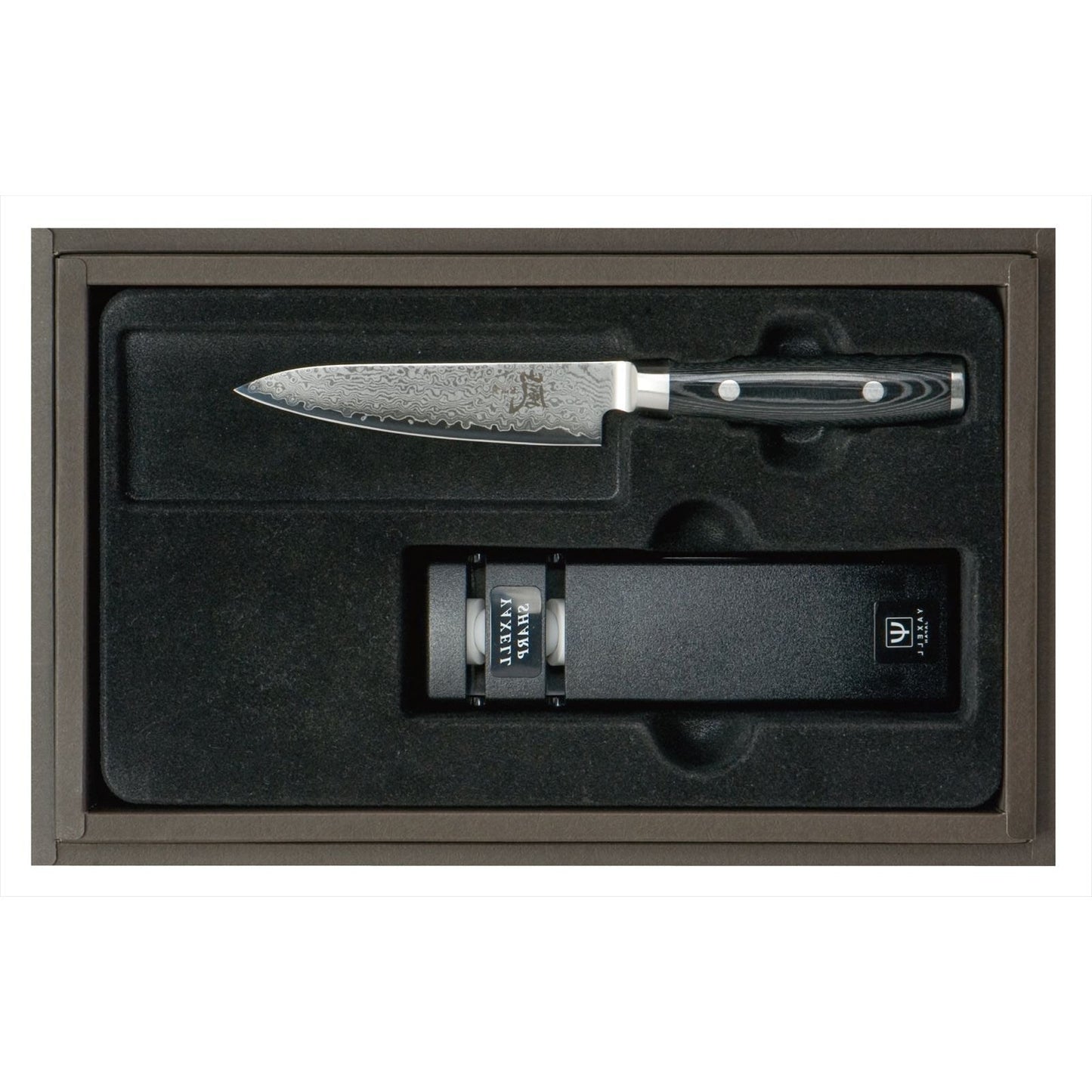 YAXELL RAN 36408 Kadoset - Universeelmes 12cm van 69 laags roestvrij VG-10 damaststaal met canvas-micarta heft en slijper