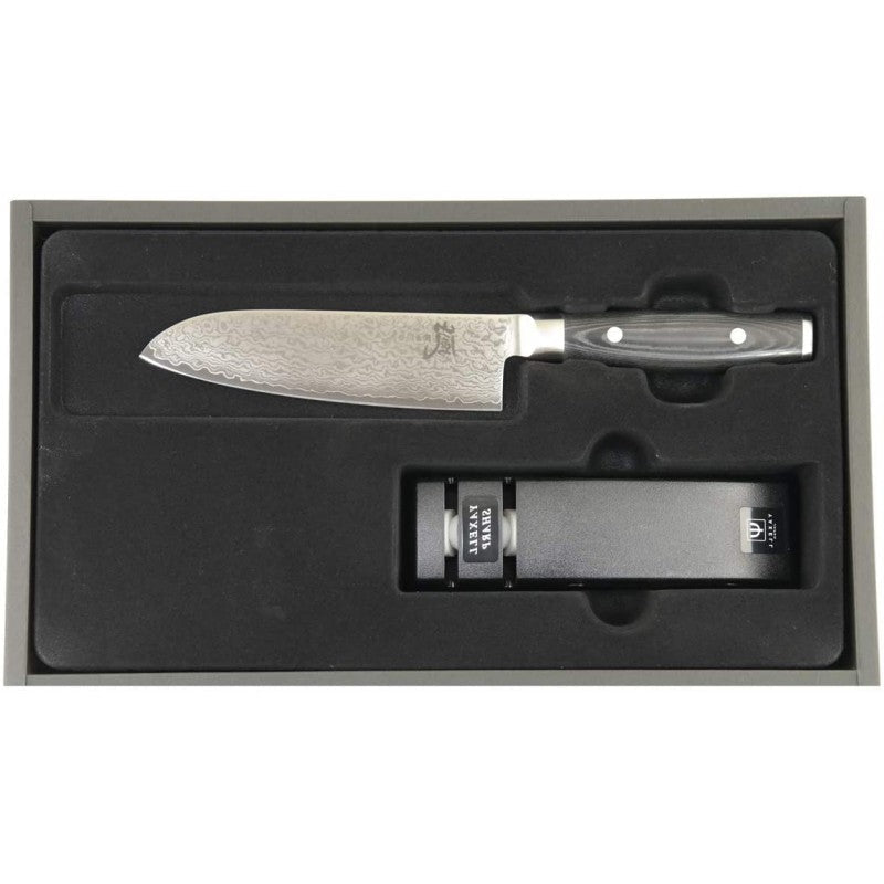 YAXELL RAN Messenset 2-delig Santoku 16,5 cm 69 laags roestvrij damast staal met canvas-micarta heft en Slijper