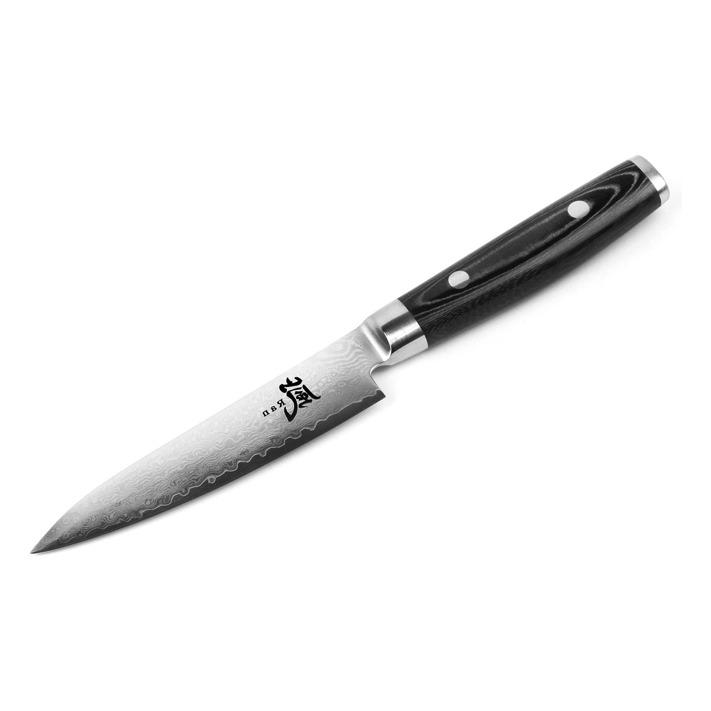 YAXELL Ran Universele koksmes 12cm 69 laags damaststaal lemmet zwart canvas-micarta heft
