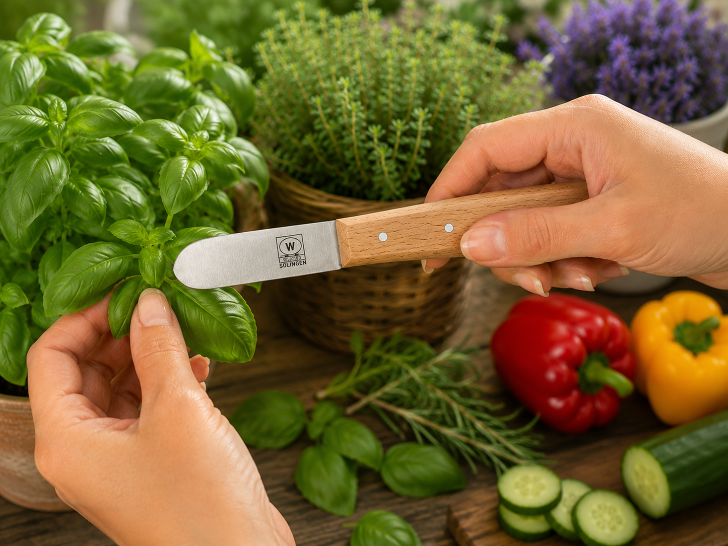 W-SELECTED® Paprika- groente- fruit- plukmes met carbonstaal lemmet 4,5cm FSC beukenhout heft