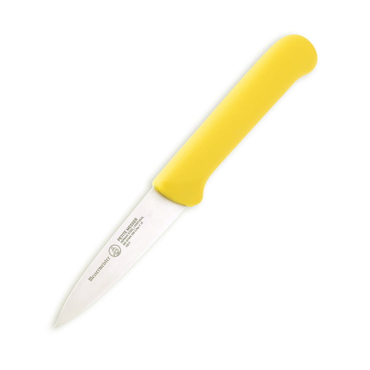 MESSERMEISTER serie PETITE schilmes RVS 7,5cm middenspits lemmet geel kunststof heft