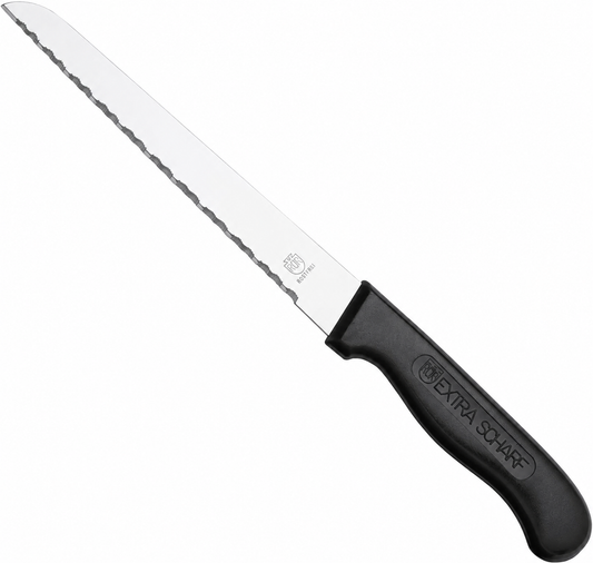 RöR Sehr Scharf broodmes RVS fijn gekarteld lemmet 20cm kunststof PP zwart antislip heft