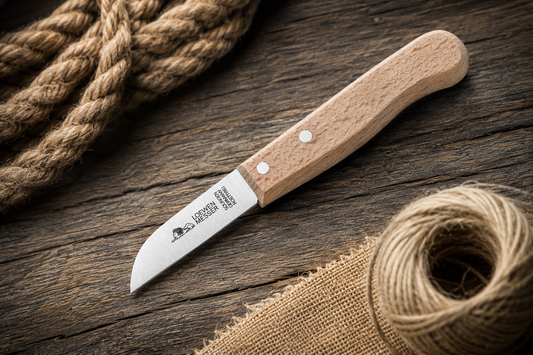 W-SELECTED® Boet-werk- mes Loewen model 604R ijsgehard RVS 6,5cm lemmet beukenhout heft