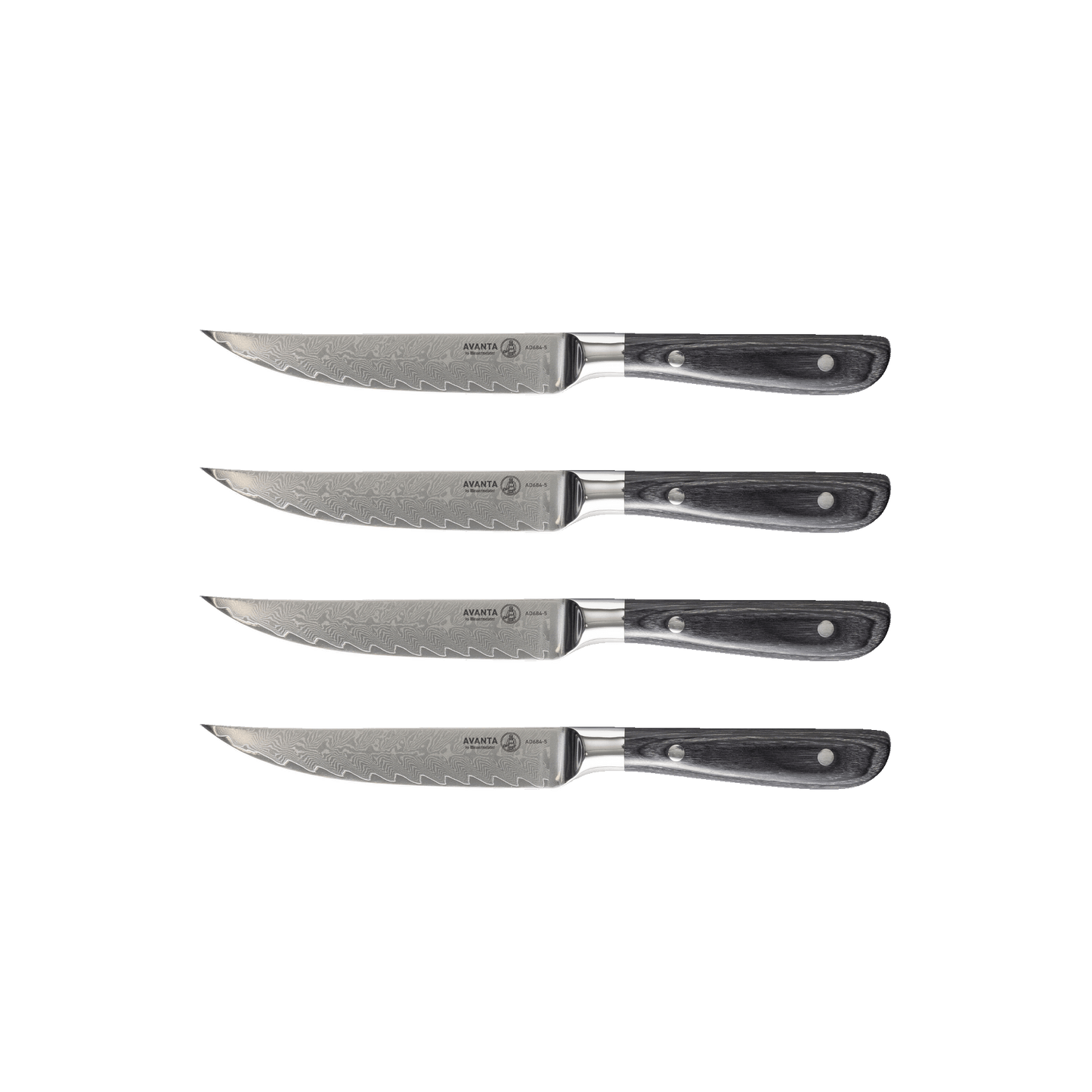 MESSERMEISTER serie AVANTA DAMASCUS set 4 steakmessen 12,7cm lemmet pakkawood heft