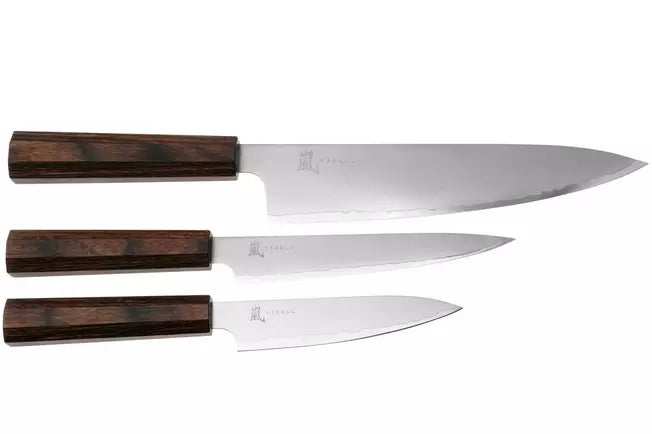 YAXELL serie HANA 3 delige damast messenset met bruin pakkawood achthoekig heft