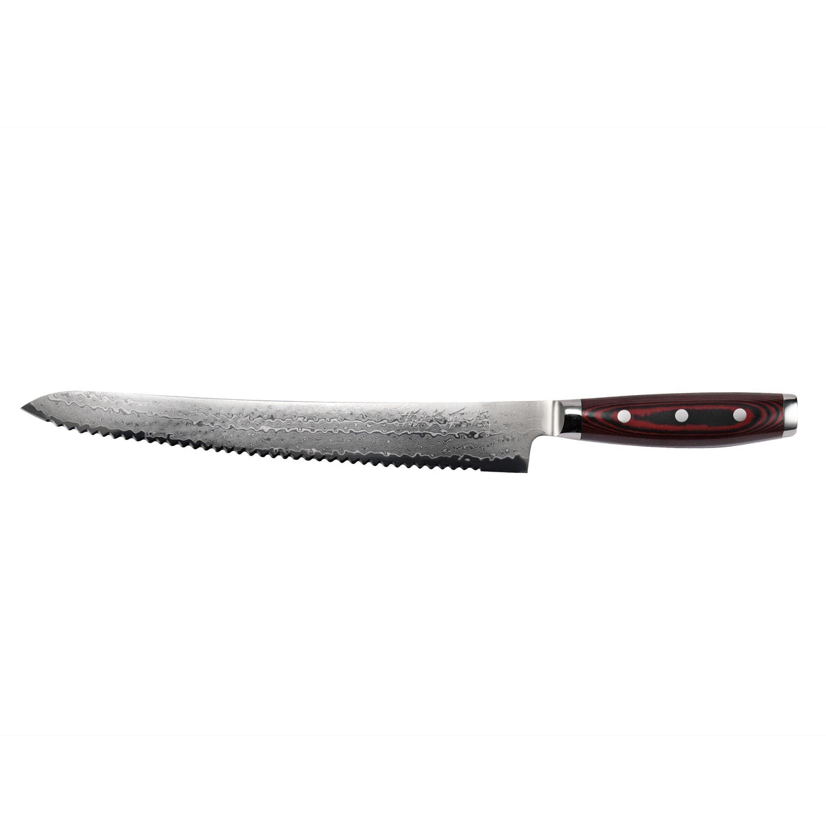 Broodmes SUPER GOU 27cm 161 laags damaststaal lemmet rood/zwart micarta heft
