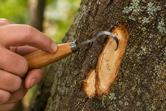 W-SELECTED® boomchirurgen-mes in met gekromd lemmet en cilindervormig houten heft