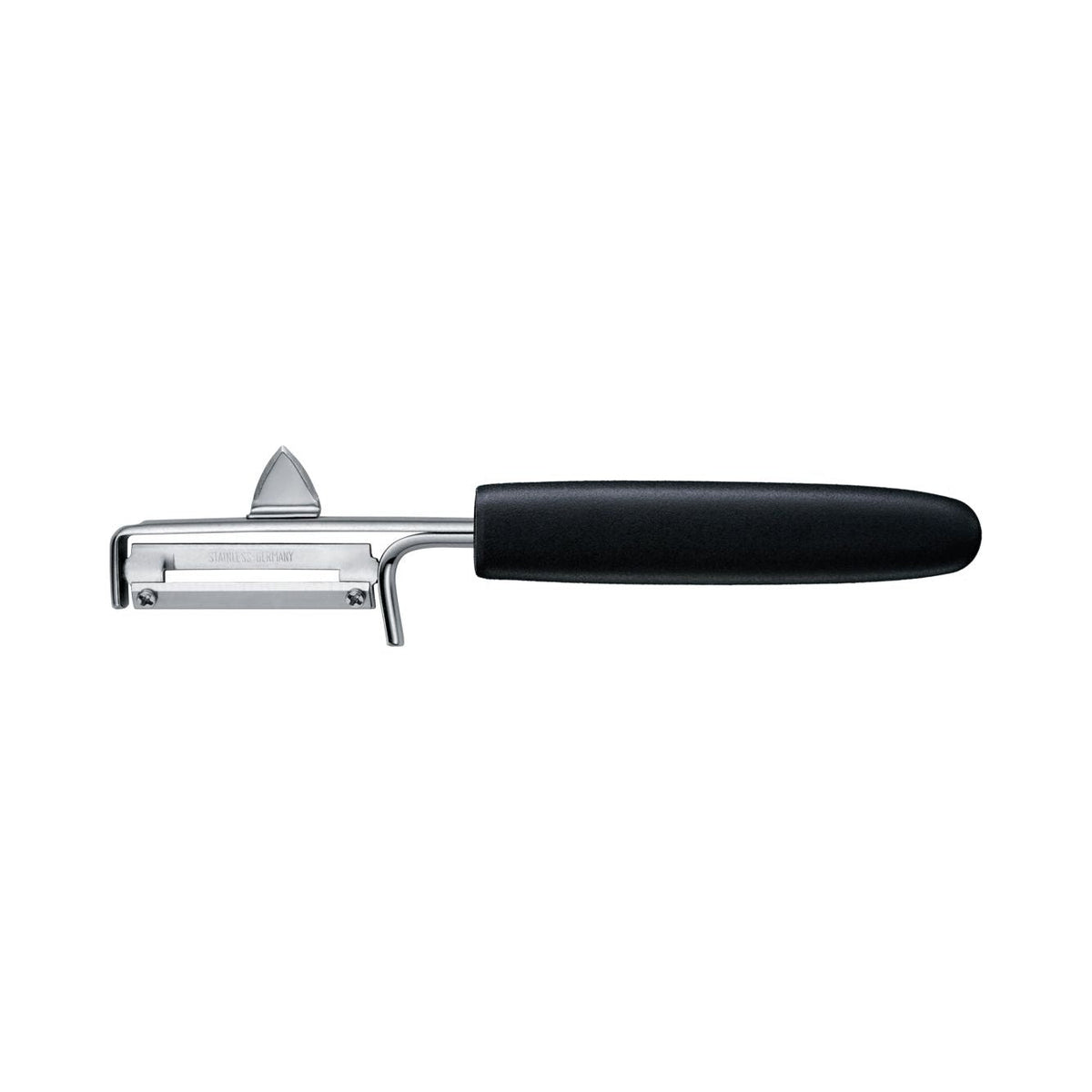 TRIANGLE Professional dunschiller 15,5 cm van RVS rechtshandig met zwart kunststof heft en aardappel ontpitter