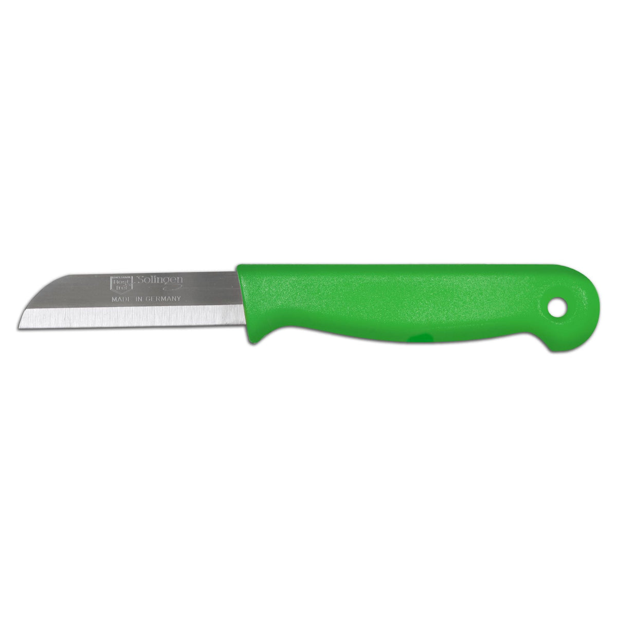 W-SELECTED uit Solingen roestvrijstalen schilmesje groen heft met gat en 6cm lemmet