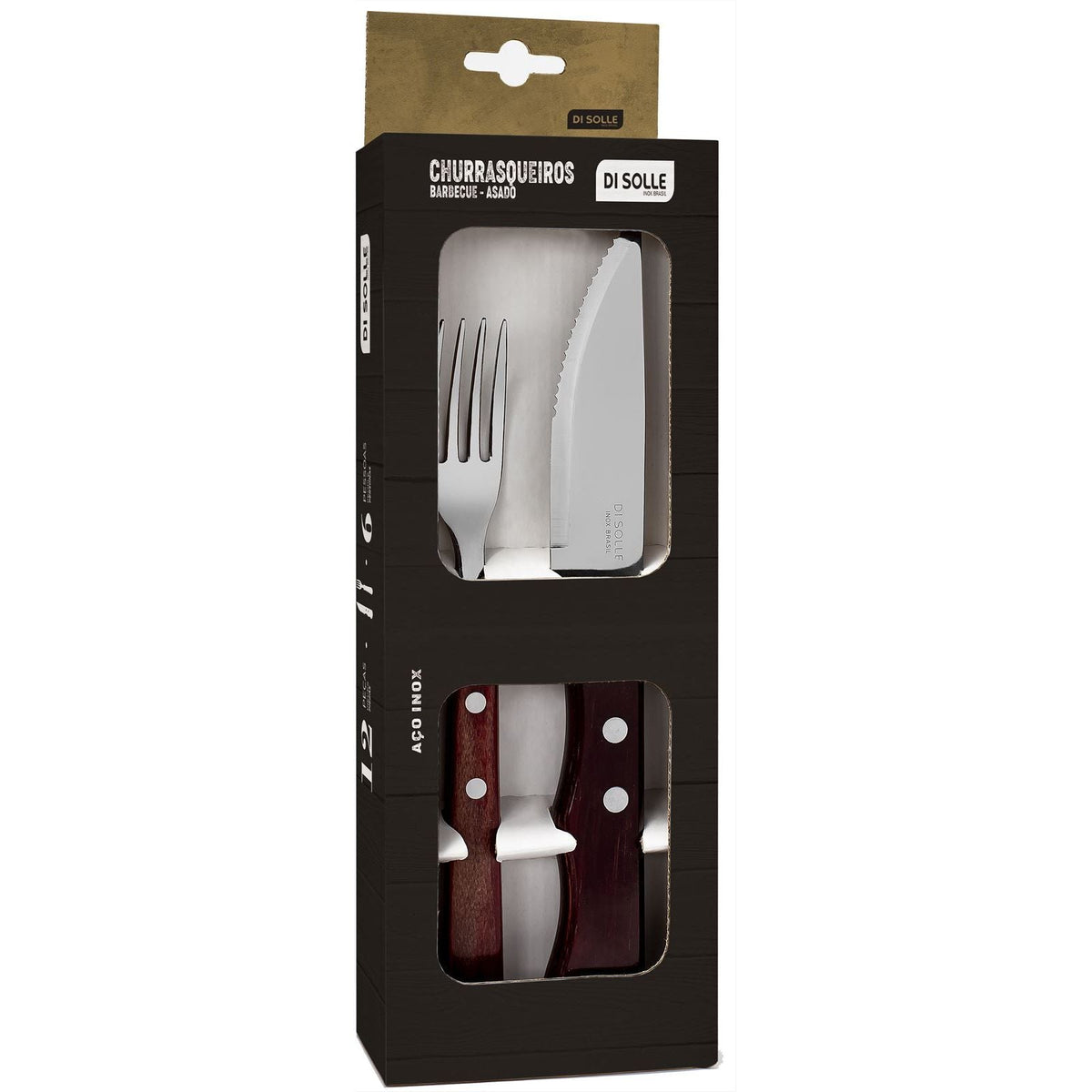 Steak- BBQ- set 4 delig 2 messen 2 vorken FSC houten heft