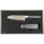 YAXELL RAN Messenset 2-delig Santoku 16,5 cm 69 laags roestvrij damast staal met canvas-micarta heft en Slijper