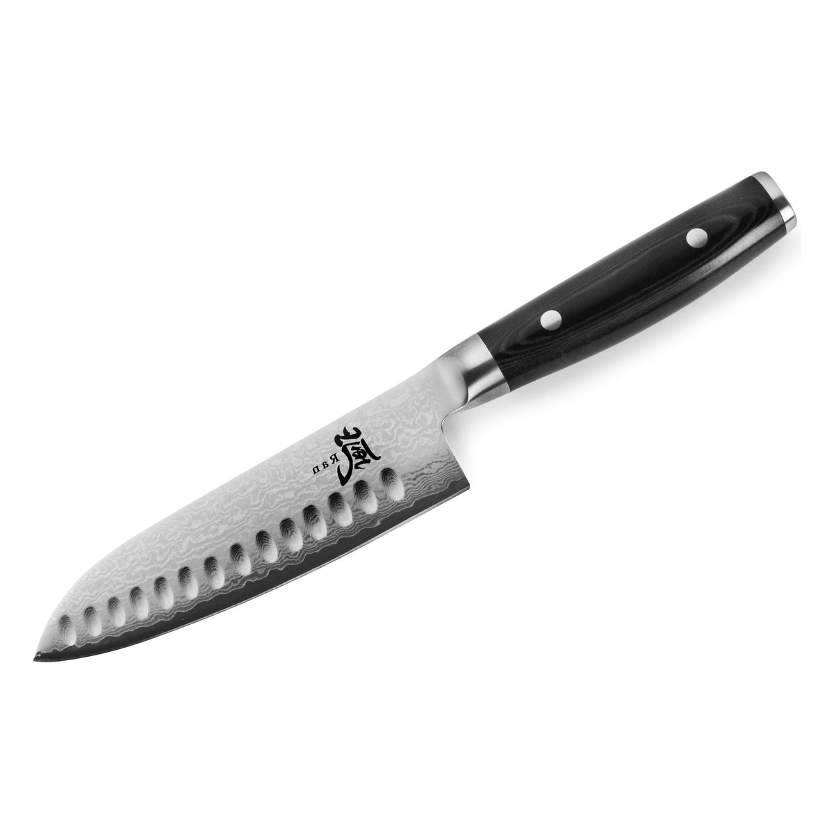 Yaxell Ran Santoku GH met kuiltjes 16,5 cm 69 laags roestvrij damast staal met canvas-micarta heft